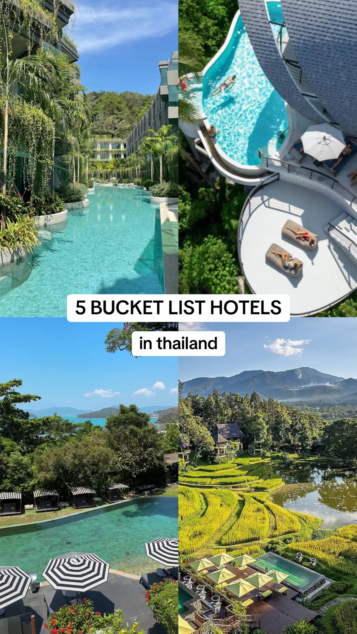 1 - @Four Seasons Hotels Chiang Mai  2 - @Panwaburibeachfrontresort  3 -  The Spot 4 - @Sri panwa  5-  @Sametnangshe_boutique  #thailand🇹🇭 #thailand #travelthailand #thailandtravel #thailandhotels  #thailandhotel #thailandtiktok #bucketlisthotels 