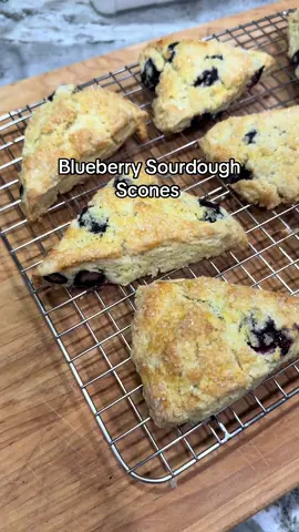 Sourdough Scones Recipe Ingredients 1 3/4 cup All-purpose flour 1/4 cup of sugar 1/2 cup cold butter (1 stick), cut into cubes 3 large eggs 1/2 cup active starter (or 1/3 cup discard, 1/2 tap baking powder, 1/4 tsp baking soda) Sparkling sugar (optional- you can use regular sugar but the sparkling adds a crunch) for top of scones just before baking 1/2 cup fresh blueberries ( you can use 1/2 cup of any fruit) Preheat oven to 450°F Add 1 3/4 cup of all-purpose flour and 1/4 cup sugar to food processor and pulse about 5 times (just to mix the ingredients). Cube cold butter into tiny squares. Add to food processor and pulse 5-10 times until butter is mostly incorporated. Add flour-butter mixture to mixing bowl. Combine and gently stir blueberries. Set aside. Mix wet ingredients in a small bowl: 1/2 cup starter with 2 eggs using a whisk or fork. Make a well in your mixing bowl with the flour-butter mixture. Pour wet ingredients into the well. Stir and mix several times with a spatula. Once combined, knead a few times with hands to ensure it's well combined. Place on cutting board/mat and form into a 8 inch circle shape, using your hands to flatten. Using a knife or pastry cutter, cut into 8 even wedges. Place on a lined baking sheet Beat the remaining egg and brush scones lightly. Sprinkle with sparkling sugar just before baking. Bake for about 15 minutes at 450°F. Inspired by lemonzestand basil.com recipe.  #sourdough #scones #sourdoughstarter #baking #homemade #Recipe #yummy