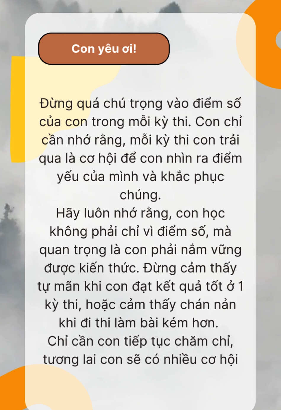 Kết quả học tập của con rất quan trọng, nhưng sự chăm chỉ và nỗ lực của con sẽ còn được đánh giá cao hơn. Đừng chỉ nhìn vào điểm số mỗi kì thi con nhé❤️#mebimsua #TikTokAwardsVN #xuhuongtiktok #daycondungcach 