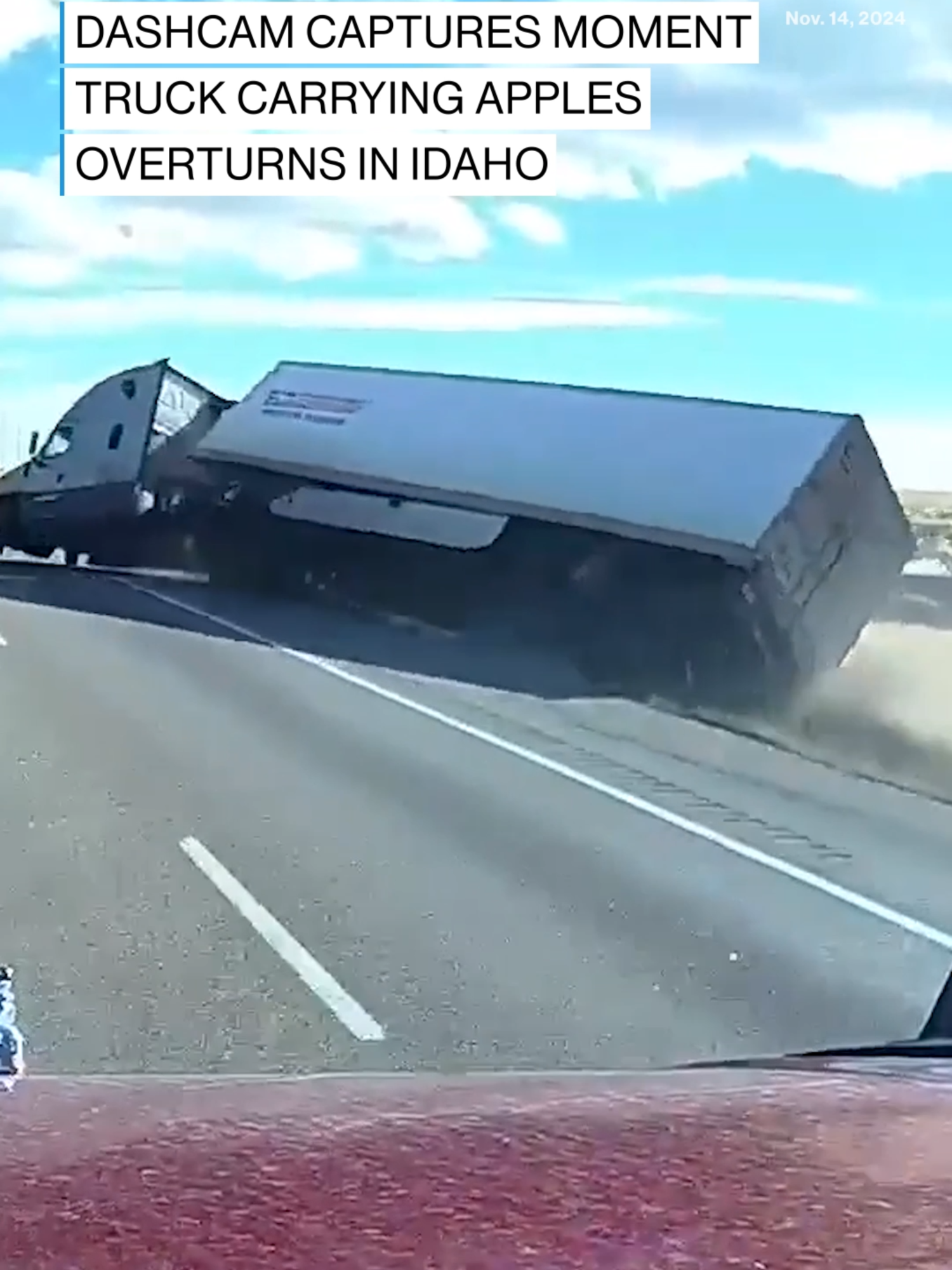 Dramatic dashcam footage captured the moment a semi-truck carrying apples overturned on the I-84 in Boise, Idaho. No injuries were reported. #driving #idaho #dashcam #crash