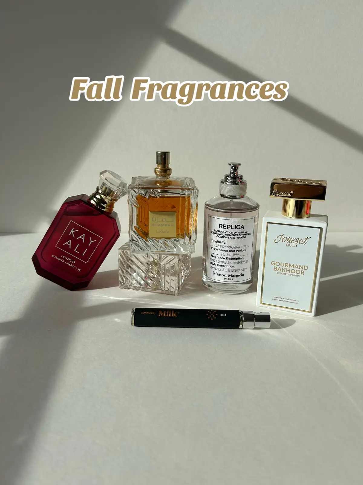 As the weather gets colder, I am enjoying these fragrances more and more 🤍 @Kayali lovefest burning cherry @Lattafa Perfumes khamrah @maisonmargielafragrances afternoon delight @Jousset.Parfums gourmand bakhoor @Commodity Fragrances milk bold . . . #perfumetok #fragrancetok #fallfragrances #perfumelover #smellgoodfeelgood #fraghead #fragfam #perfumecollection 