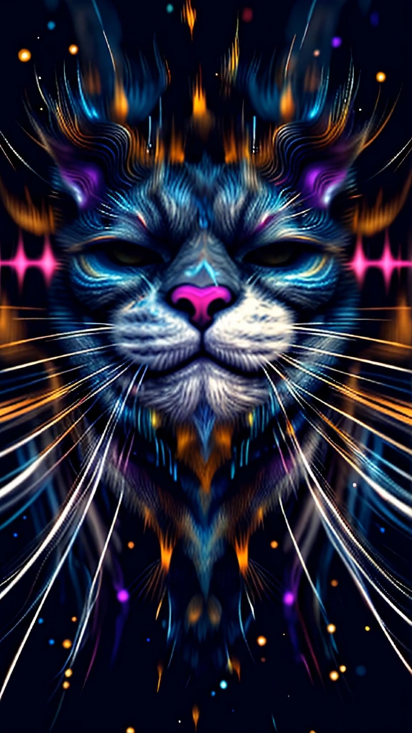 Harmonic Whisker Vibrations: A sleek black cat with luminous whiskers emits vibrant, rippling soundwaves in shades of blue, purple, and green. Each purr sends gentle waves across a dark background, creating a mesmerizing symphony of motion and color. The patterns pulse and expand, resembling a visual melody in an abstract digital space. #AIWallpapers #LiveWallpaper #SoundwaveCat #DigitalVibes #AbstractWhiskers #ColorPulse #MesmerizingPurr 