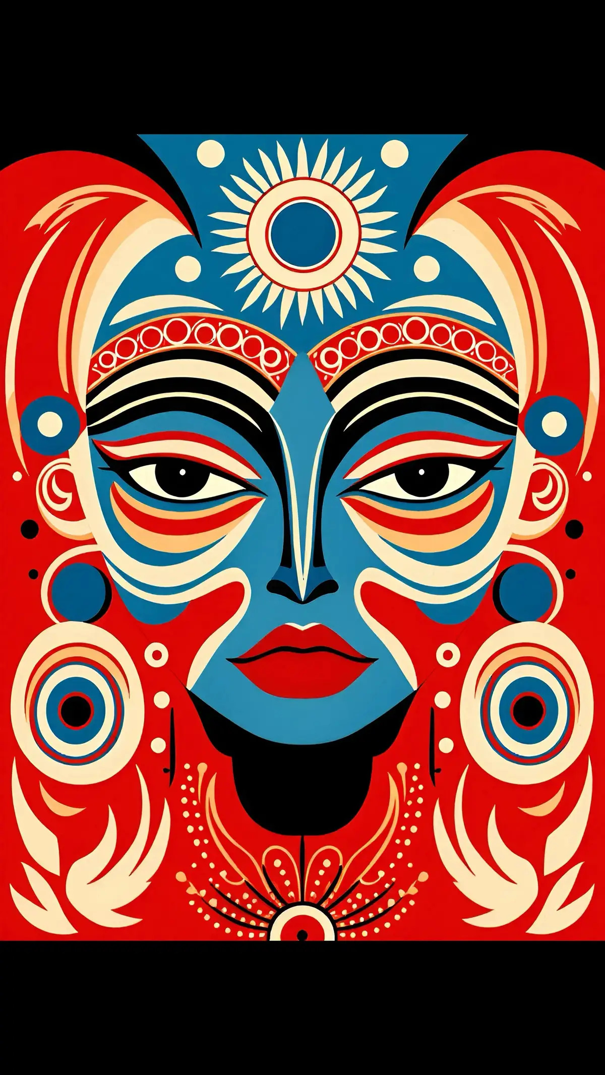 Diving into the world of vibrant colors and bold, symmetrical patterns! This piece captures the essence of mysticism and cultural art with its powerful, expressive face. The interplay of red, blue, and white symbolizes energy and calmness, blending into a striking visual harmony. Those intense eyes and celestial motifs give off such a powerful, spiritual aura. ⬇️ #art, #nftcommunity, #artgallery, #digitalart, #modernart, #artistsofinstagram, #aiartcommunity, #aiart 