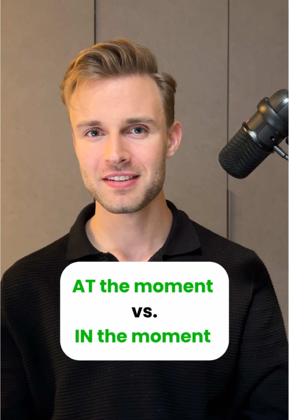 AT the moment vs. IN the moment  AT the moment means right now: “At the moment, you are reading this post.”  IN the moment is commonly used in the phrase “to live in the moment”. This means that you appreciate the present.  For example, “she enjoys living in the moment instead of worrying about the future”.  #fluentenglish‬⁩ ⁦‪#learnenglishonline‬⁩ ⁦‪#inglés‬⁩ ⁦‪#учитьанглийский‬⁩ ⁦‪#学英语‬⁩ ⁦‪#अंग्रेजीसीखिये‬⁩ ⁦‪#ingilizceöğren‬⁩ ⁦‪#aprenderinglês‬⁩ ⁦‪#영어를배우다‬⁩ ⁦‪#英語を習う‬⁩ ⁦‪#nativeenglishteacher‬⁩ ⁦‪#dailyenglish‬⁩ ⁦‪#anglaisfacile‬⁩ ⁦‪#studyenglishonline‬⁩ ⁧‫#تعلمالإنجليزية‬⁩