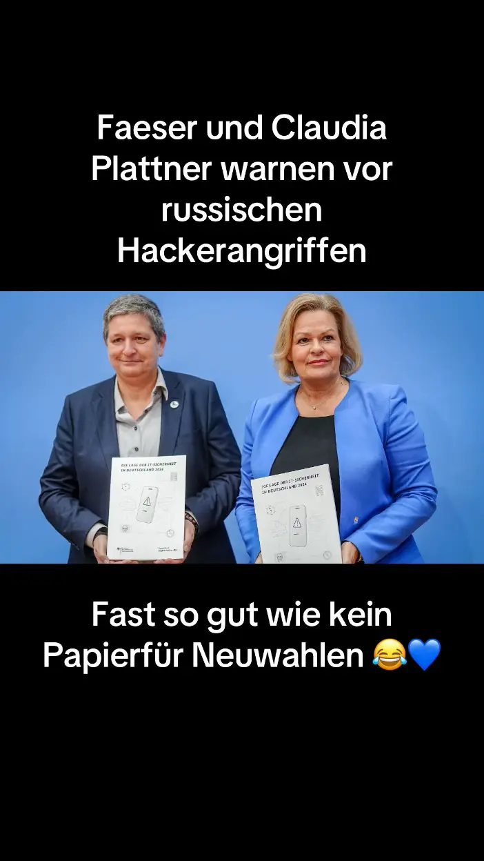 Innenministerin Nancy Faeser und BSI-Chefin Claudia Plattner warnen vor russischen Hackerangriffen bei der „Wahl“ 🤣 Die Top Experten haben gesprochen!  #russland #angriff #hackerangriff #Faeser #qualifiziert #experten #angst #bundestagswahl #wassollenwirtun #wirsindverloren #spdretteuns #innenministerium #BSI #plattner #wirsinddiegeilsten #fehlendespapier #buntland #dierussen👑 #verbuddelteuch 