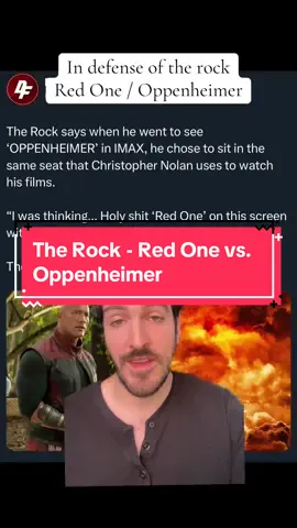The framing of this quote has been unfair, and I think a lot of people are missing the rock’s point, which was a very simple one. He never compares Red One and Oppenheimer as films, he simply said he was excited to see his movie on an IMAX screen. In an era where filmmakers are being given incentives to releases movies straught to streaming…. You’re angry about this why? All the rock did here was express appreciation for christopher nolan’s oppenheimer, and excitement for red one. #therock #redone #dwaynejohnson #christophernolan #oppenheimer #movies #movietok #film #filmtok 