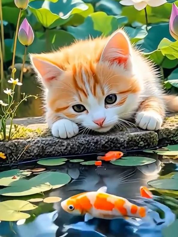 colorful kitten looking at the yellow fish 🐟  #livewallpaper #4klivewallpaper #cutepet #colorful #kitten #aigenerated #ai #catsoftiktok #kittensoftiktok #cutecats #foruyou #foryourepage #2024 #tiktokviral #viralpls 