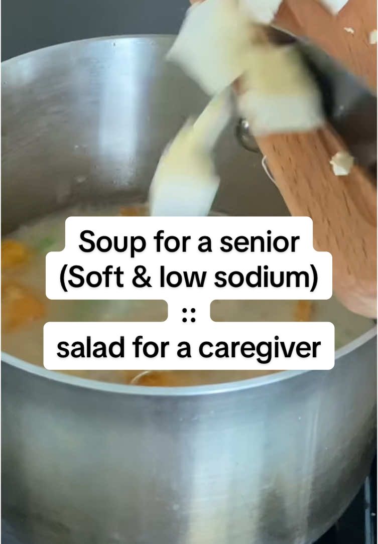 My partner and I Caregiver her 84-year-old mom. She needs soften low sodium food and the rest of the family doesn’t. So typically, I make meals two ways. A soft and low sodium version for our aging parent and a regular regular version for the rest of the family.  Our elderly parent wants soup for pretty much every single meal because it’s easy for her to chew. But the rest of the family does not want soup on repeat. So I often make a salad for us instead  Here’s an example of how I make a soup for Lola and a salad for us.  If you are caregiving for a grandparent, aging parent, or senior, you might want to give this tactic a try.  #elderlycare #softfooddiet #caregiver 