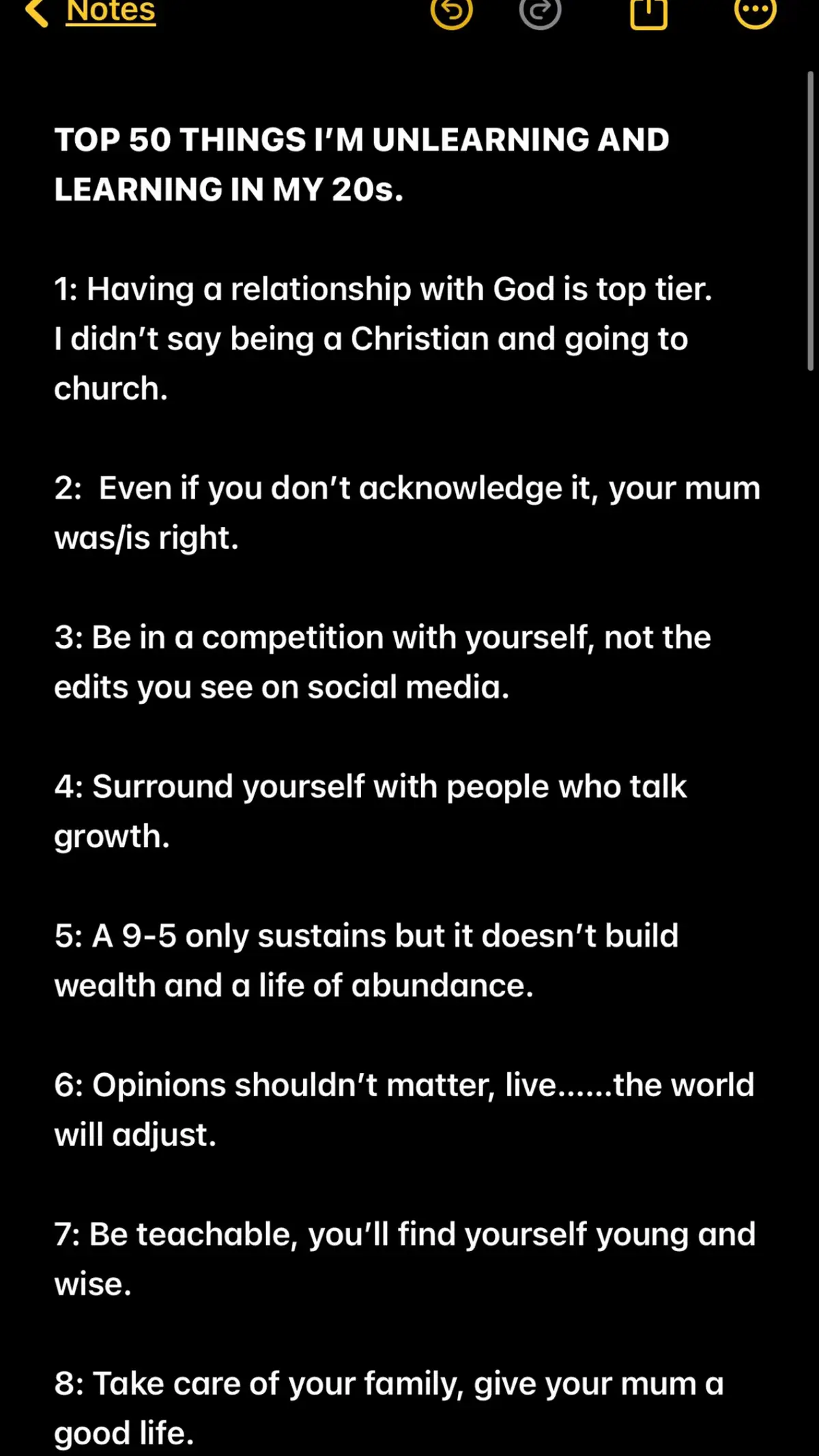 They say your 20s define the rest of your life, and honestly, I’m starting to see why. It’s not just about learning—it’s about unlearning, growing, and figuring out what really matters.  Here are some lessons shaping who I am becoming.  I have 50 right now, let me know if you would like ro see more.  What are you unlearning and learming?  #fyp #adult #adulting #SelfImprovement #20s #20something #grow #lifelessons #inmy20s #personalgrowth 
