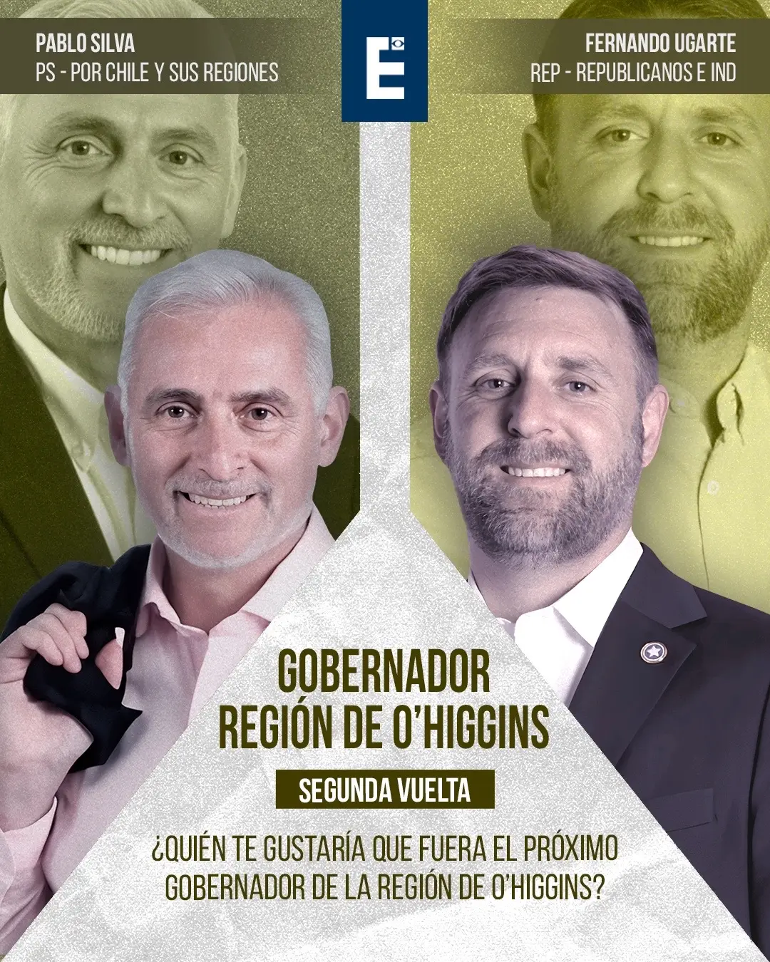 🗳️En la encuesta final para la segunda vuelta de gobernador de la Región de O'Higgins, realizada por EPCH, los candidatos son: Pablo Silva – PS/Por Chile y sus Regiones Fernando Ugarte – Republicano/Republicanos e Independientes ¡Participa y elige a tu candidato favorito! Puedes votar en la encuesta en nuestro sitio web, enlace en nuestro perfil🔗