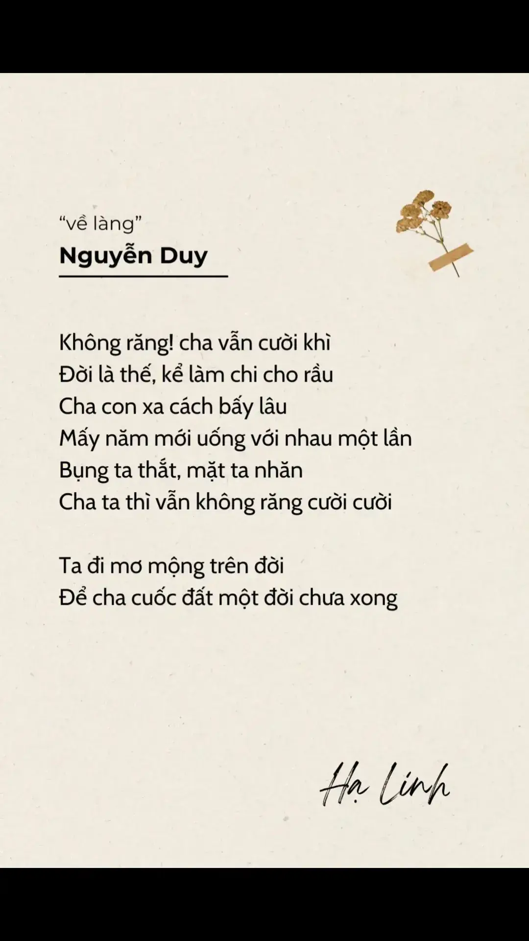 Bữa trước đã có thơ về mẹ rồi nên hôm nay làm về cha nhé mọi người. #hạlinh #thơ #nguyễnduy