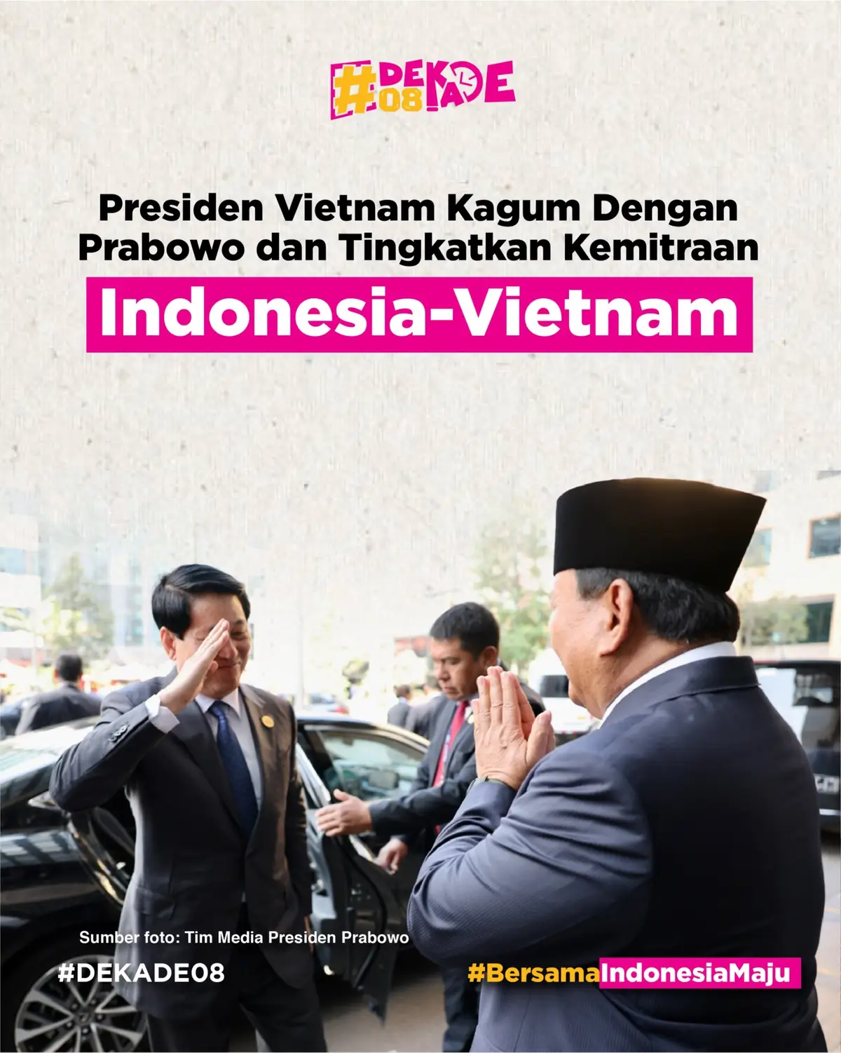 Presiden RI Prabowo Subianto melangsungkan pertemuan bilateral m dengan Presiden Vietnam Luong Cuong di Swissotel, Lima, Peru, Jumat (15/11) sore. Prabowo menyambut kehadiran Luong Chuong dengan sapaan ramah, kemudian keduanya berjalan bersama menuju ruang bilateral meeting. #presidenprabowo #prabowosubianto #presidenvietnam #luongcuong #dekade08