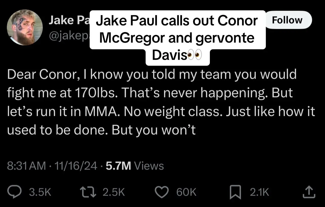 Jake paul calls out conor McGregor and gervonte davis #fyp #mma #boxing #jakepaul #conormcgregor 