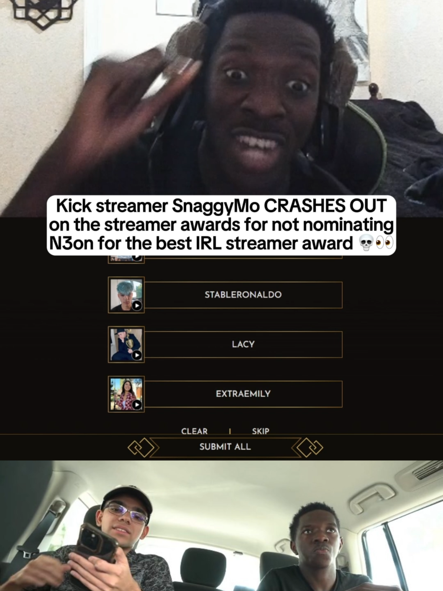 Kick streamer SnaggyMo CRASHES OUT on the streamer awards for not nominating N3on for the best IRL streamer award 💀👀 #n3on #n3onclips #viral #fyp #streamerawards #snaggymo