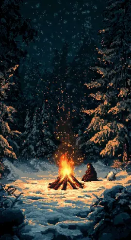 Epic Live Wallpaper: Alone in the Wilderness Pixel art winter forest scene at night, heavy snowfall, a glowing campfire with sparks rising, surrounded by snow-covered trees, a solitary figure bundled up and sitting near the fire, warm light from the fire reflecting off the snow, peaceful and serene atmosphere, rich and deep colors. #ai #aiart #wallpaper #livewallpaper  #creatorsearchinsights 