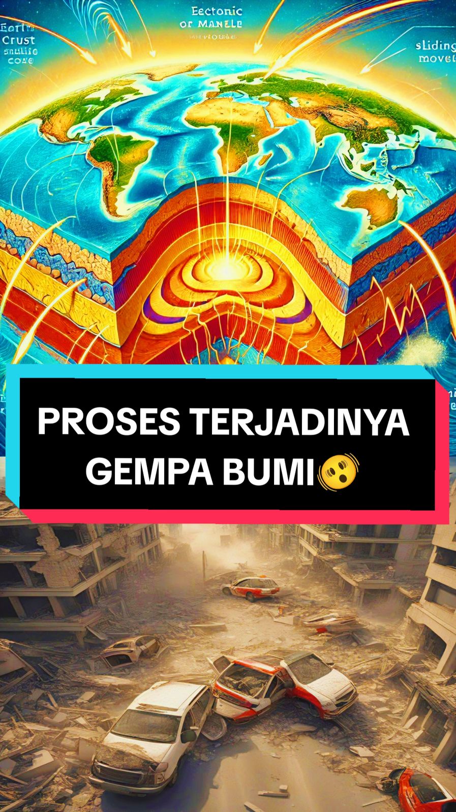 Gempa bumi adalah getaran atau guncangan yang terjadi di permukaan bumi akibat pelepasan energi yang mendalam di dalam kerak bumi. Gempa ini terjadi ketika ada pergerakan atau pergeseran pada lapisan kerak bumi yang menyebabkan energi tersimpan dalam waktu lama, lalu dilepaskan secara mendadak dalam bentuk gelombang seismik. Penjelasan lebih lanjut: 1. Penyebab Gempa: Sebagian besar gempa bumi terjadi akibat pergerakan lempeng tektonik yang membentuk lapisan kerak bumi. Ketika dua lempeng saling bergerak, gesekan antara lempeng-lempeng ini bisa menahan pergerakan. Ketika energi terakumulasi dan melebihi batas kekuatan gesekan, energi ini dilepaskan dalam bentuk gempa. 2. Gelombang Seismik: Energi yang dilepaskan menyebabkan gelombang seismik yang merambat melalui bumi dan dapat merasakan guncangannya di permukaan bumi. Gelombang ini terbagi menjadi dua jenis utama, yaitu gelombang primer (P) yang cepat dan gelombang sekunder (S) yang lebih lambat. 3. Pengaruh Gempa: Ketika gelombang seismik mencapai permukaan, kita bisa merasakan getaran atau guncangan tersebut. Kekuatan gempa diukur dengan skala magnitudo, dan semakin tinggi magnitudo gempa, semakin besar dampaknya. Selain itu, gempa bisa menyebabkan kerusakan pada bangunan, tanah longsor, atau bahkan tsunami jika terjadi di bawah laut. Secara singkat, gempa adalah peristiwa alami yang disebabkan oleh pergeseran atau pergerakan lapisan kerak bumi yang melepaskan energi dalam bentuk gelombang seismik yang dirasakan sebagai getaran atau guncangan di permukaan. #semogabermanfaat😇🙏 #bahaya #gofhistory #fyp #semogafyp #semogafyp #gempa #prosesterjadinyagempabumi #gempabumi #gempabahaya