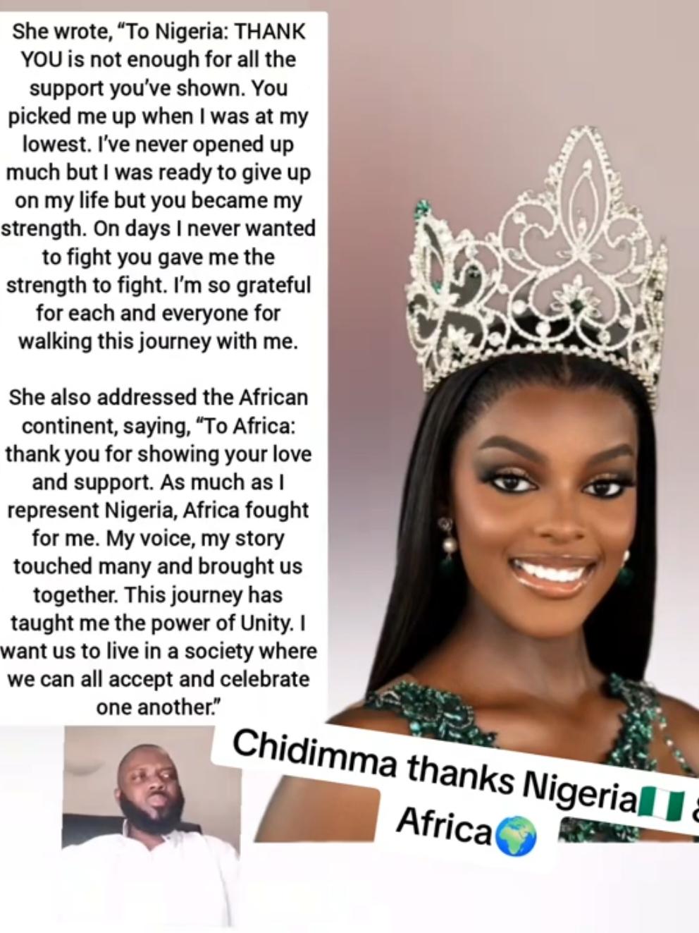 Chidimma pens note of appreciation to Nigerians and Africans for standing with her when she was at her lowest#chidimmaadetshina  #chidimma #missuniversenigeria #missuniversenigeria #southafricatiktok #zimbabwe #mozambique #lesotho  #botswana #lesothotiktok #southafrica #nigeria #ghana #zimbabwe #tiktoknigeria #nigeriantiktok #westafrica #northafrican #fyyyyyyyyyyyyyyyy #africa 