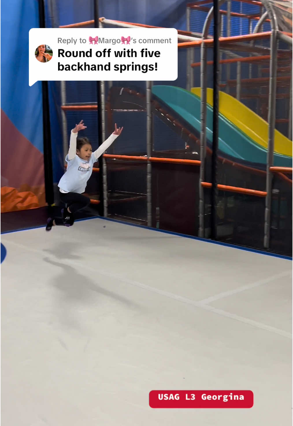 Replying to @🎀Margo🎀  Gymnastics Back Handspring.  I tried but could only do a round-off and 4 back handsprings!🥰 #backhandspring #backhand #gymnast #trampoline #trampolinepark 