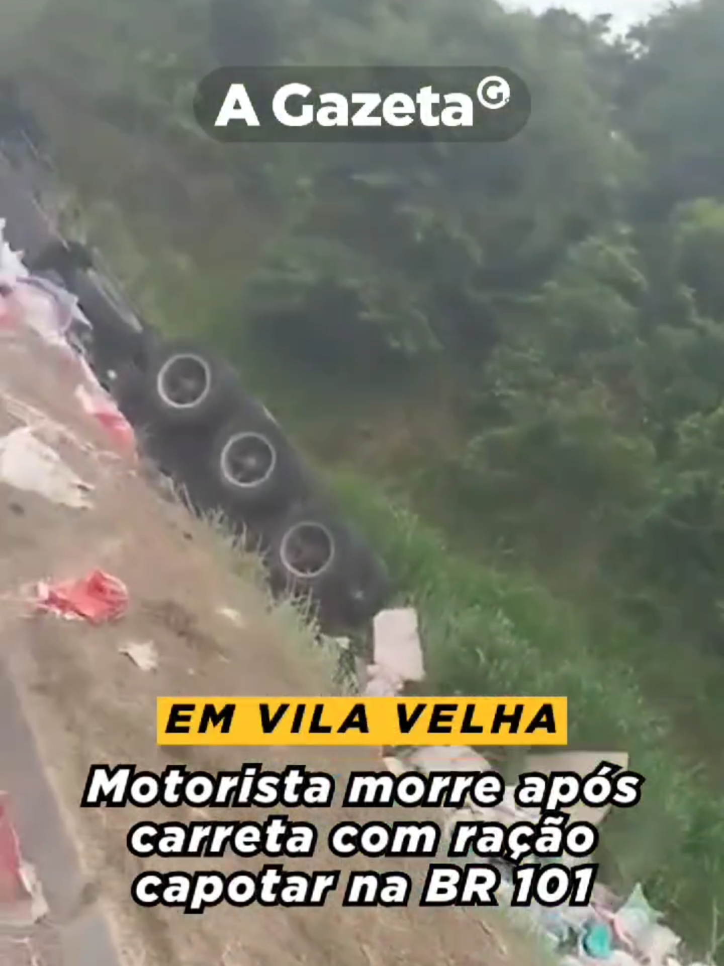 😢 Um homem de 32 anos morreu em um acidente na BR 101, altura de Xuri, em Vila Velha, na manhã desta domingo (17). De acordo com a Polícia Rodoviária Federal (PRF), houve o capotamento de uma carreta carregada de ração, por cima do guarda-corpo da pista, conforme mostra o vídeo acima. A vítima, que estava dirigindo o veículo, foi identificada pela corporação como Guilherme Fonseca. Ainda conforme a PRF, existe a suspeita de que Guilherme tenha dormido ao volante. Ele saiu de São Paulo no sábado (16), por volta das 17h, e estava seguindo sem parar na estrada. Segundo a Eco101, concessionária que administra a via, a ocorrência foi registrada às 7h17, no quilômetro 315,8. O tráfego no sentido Norte flui em desvio.  Saiba mais em www.agazeta.com.br 📲 #AGazetaES