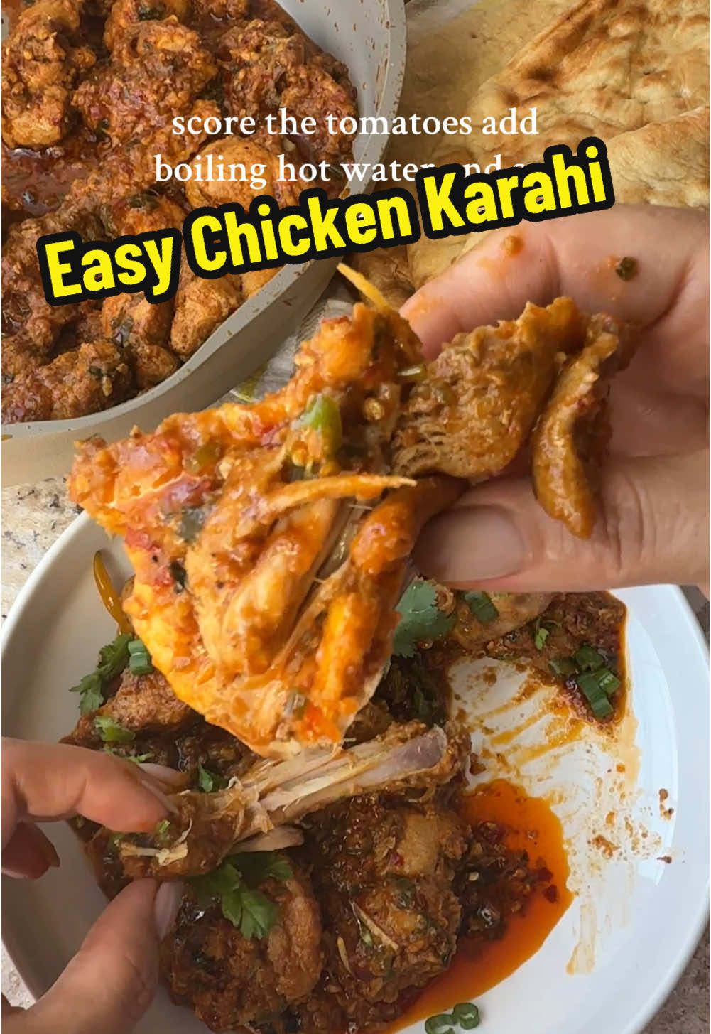 Easy Chicken Karahi  Ingredients: 1 3-4 lbs whole chicken cut into small pieces  6 medium tomatoes  1/2 cup ghee 2 tablespoons ginger garlic paste  1.5 teaspoons salt or to taste  1/2 teaspoon Kashmiri chili powder or paprika  1 teaspoon ground cumin  1 teaspoon ground coriander  1/2 teaspoon black pepper 1/2 teaspoon turmeric powder  1 tablespoon chopped ginger  1 tablespoon red chili flakes  6-8 whole green chilies  1/2 cup yogurt  Garnish: 1 handful chopped cilantro  greens of 2 scallions, chopped  instructions: Score the tomatoes, add hot water and set aside.  Heat the ghee in high flame, add ginger, garlic paste and stir fry for 30 seconds.  Add the chicken and cook on high until the chicken changes color, and most of the moisture is evaporated.  peel and blend the tomatoes. ( not absolutely necessary but makes the curry smooth). Add all the spices and stir for 30 seconds making sure not to burn the spices.  Add the tomatoes, give it a good mix, cover and cook on high flame for 10 minutes.  Remove the lid and stir fry until most of the moisture is evaporated.  Add the whipped yogurt, and give it a good mix.  Add the whole green chilies, chopped ginger. Then cover and simmer on low for 5 minutes.  Karahi is ready, garnish with chopped cilantro and greens of scallions and enjoy with naan.  #creatorsearchinsights #EasyRecipes #easydinner #easy #easychickenrecipe #chickenkarahi #chicken #chickenrecipe #dinner #DinnerIdeas #30minutemeals @From Our Place 