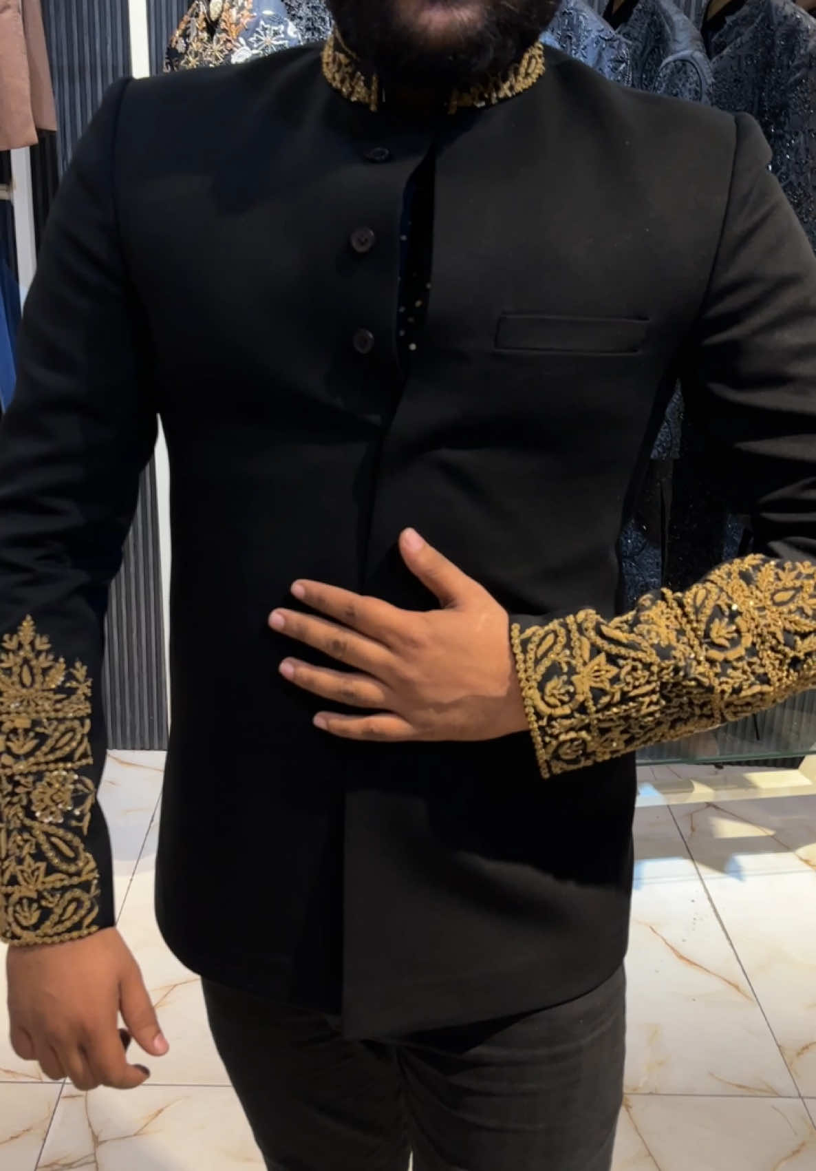 Check out our all new and latest hand embroidered prince coat in jet black tropical suiting fabric.  Order us online or Visit our Mm alam road store for more!