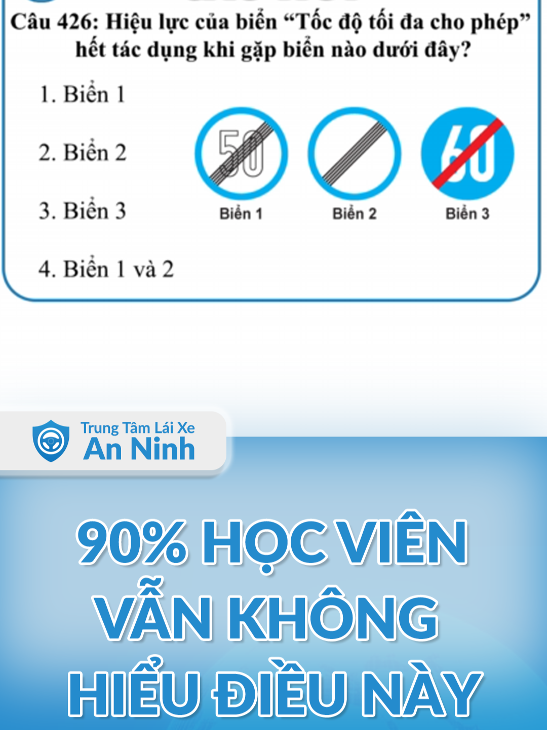 Top 50 câu hỏi học viên trả lời sai nhiều nhất. Câu 426: Hiệu lực của biển tốc độ tối đa cho phép hết tác dụng khi gặp biển nào? #hoclaixeoto#lythuyet600cau #xuhuong #fyp