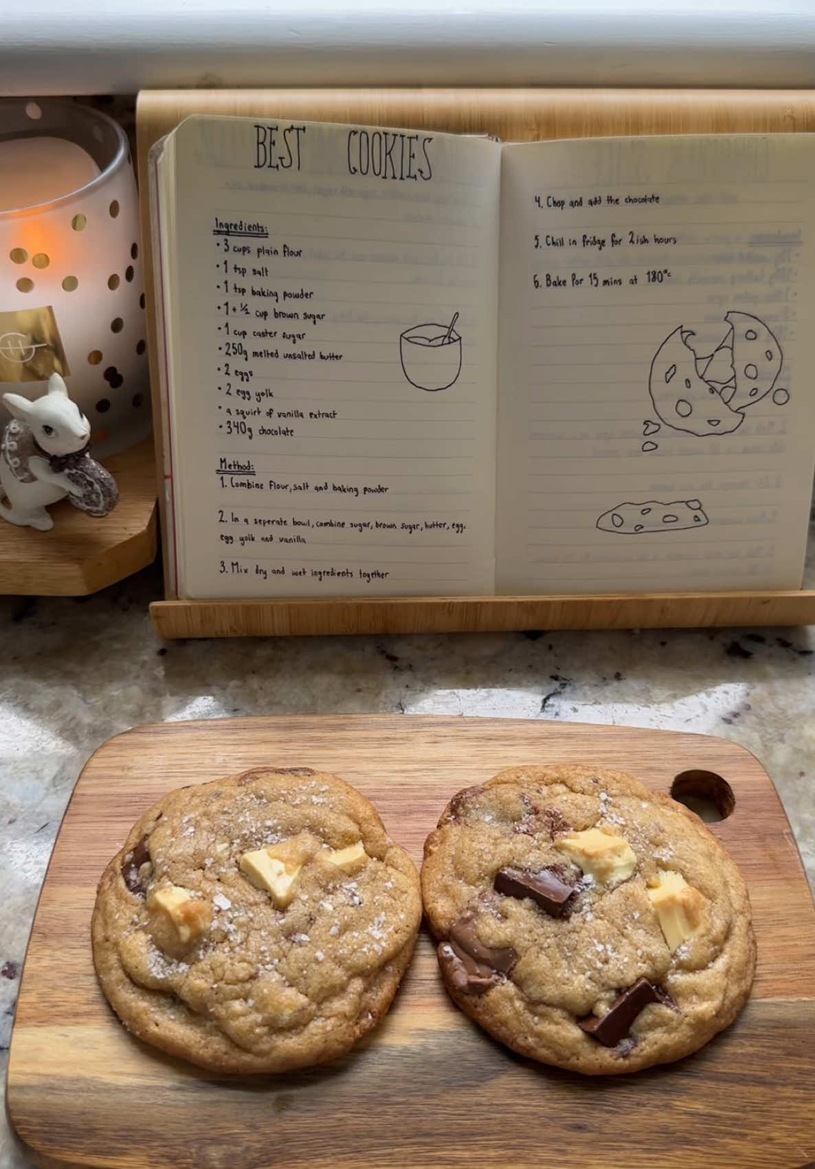 I’m back and with my fav cookies again! This time triple choc 🤍🍪🍫   Ingredients list below ⬇️ (quanitites for double batch) - 3 cups plain flour - 1 tsp salt - 1 tsp baking powder - 1 + 1/2 cup brown sugar - 1 cup caster sugar - 250g melted unsalted butter - 2 eggs - 2 egg yolk - a squirt of vanilla extract - desired chocolate (I used 330g of choc e.g. 110g of each type) Method: 1. add dry ingredients together and mix 2. add sugars, butter, egg, egg yolk and vanilla in a seperate bowl and mix 3. combine the two mixtures and add chocolate 4. chill dough in the fridge for an hour or two (you can do as little as 20 mins) 5. bake for 15 mins at 180 degrees Celsius 6. top with flaky salt #baking #fyp #viral #baketok #aesthetic #getmefamous #trending #foryoupage #gooey #easy #butter #cookies #chocolate #triple #bemybaby #fall #spring #christmas #yummy #cute #salt 