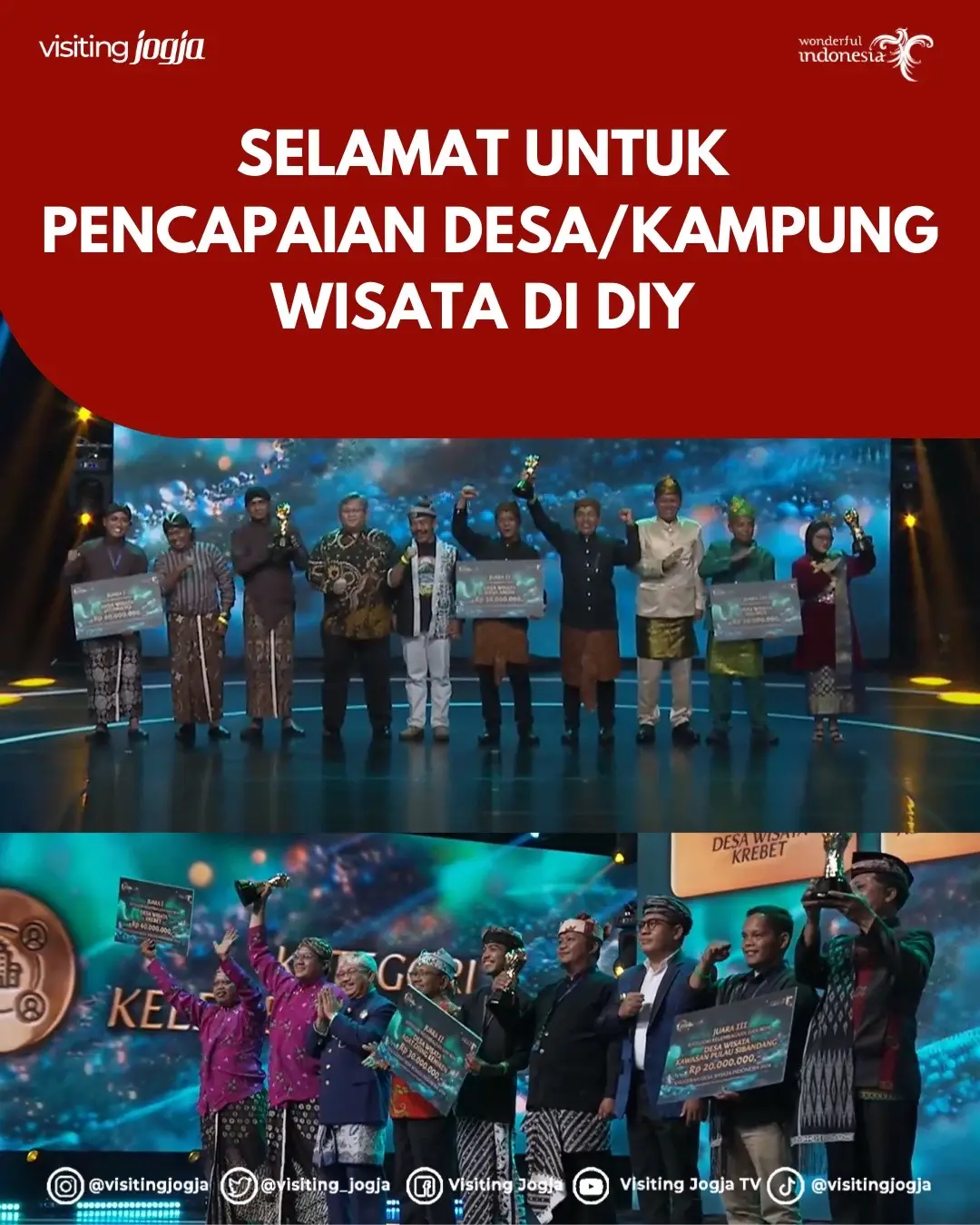 Halohalooo #SobatVisitingJogja lagi lagi kabar baik nih Sob 😍😍 Beberapa Desa/Kampung Wisata di DIY mendapatkan penghargaan dan juara loh Sobb🙌🙌  Mau tauuu? nihh yukk kepoinn ✨✨ Yang pertama ada, Desa wisata Wukirsari, Imogiri, Bantul resmi mendapatkan penghargaan sebagai satu dari 55 desa wisata terbaik dunia 2024 dari UNWTO, salah satu Badan Perserikatan Bangsa-Bangsa (PBB) yang menangani Pariwisata Dunia. Kemudian ada dari Anugerah Desa Wisata Indonesia 2024 Kategori Desa Wisata Maju yakni juara pertama diraih Desa Wisata Jatimulyo (Kabupaten Kulonprogo, DI Yogyakarta)🥇🏆 Lanjut, masih dari Anugerah Desa Wisata Indonesia (ADWI) 2024 Kategori Kelembagaan dan SDM Desa Wisata yakni juara pertama diraih Desa Wisata Krebet (Bantul, DI Yogyakarta) 🏆🥇 Kemudian ada dari Kemenparekraf RI juga nih Sob, yang menjadikan Kampung Wisata Rejowinangun sebagai Kampung Wisata Berkelanjutan 2024 ✨✨ Lalu masih dari Kemenparekraf RI, yang menjadikan Desa Wisata Sambirejo, Sleman sebagai Desa Wisata Berkelanjutan 2024 😍😍 Selamat untuk pencapaian Desa/Kampung Wisata di DIY 🙌 Satu Kata, BANGGA✨🙌 Jadi gimana Sob bangga kan!! Apa yang pingin kalian ungkapin buat Desa/Kampung Wisata debestt ini Sob⁉️ #ADWI #Tourism #visitingjogja #jogjaistimewa #wukirsari #jatimulyo #krebet #rejowinangun #sambirejo 