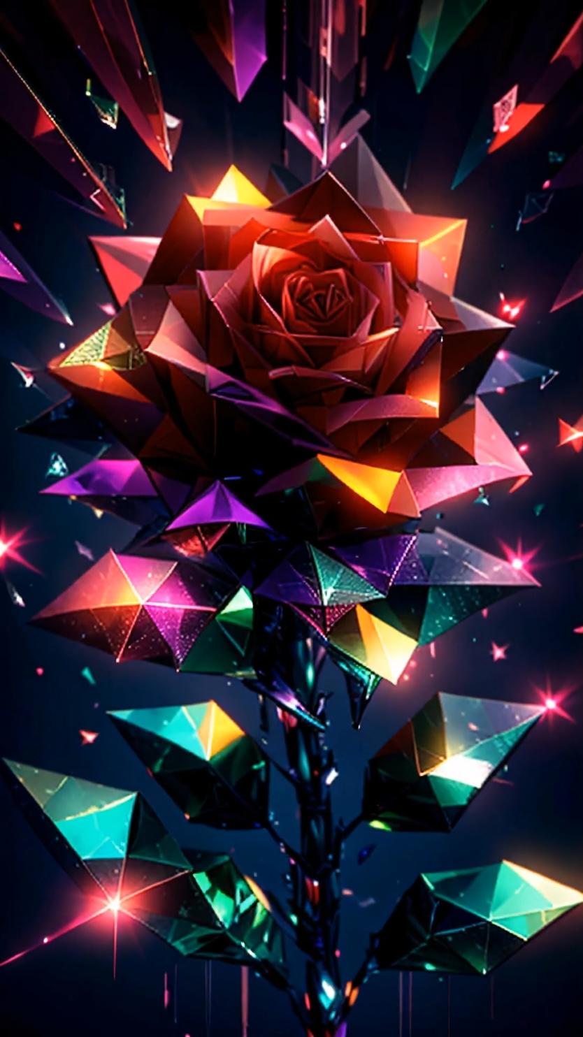 A mesmerizing crystalline rose, crafted entirely from glowing, crystal-like polygons, with neon red and soft orange petals. The faceted stem and leaves reflect vibrant green neon highlights, while the background bursts with angular, prism-like shapes, refracting light in purples and blues. This radiant creation serves as a stunning centerpiece, bringing a dynamic, glowing energy to your screen. ✨🌹 #AIWallpapers #LiveWallpaper #CrystallineRose #NeonArt #DigitalArt #3DArt #CrystalGlow #ArtOnYourScreen 