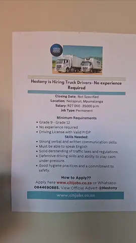 Hestony is Hiring Truck Drivers. No experience needed. Apply Now!! #jobs #vacancies #sama28 #fyp #hestony #hestonytransport #truckdriver 
