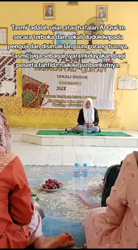 Kegiatan Tasmi' MA Number One YTI Nguling... Tasmi’ adalah ujian atau hafalan Al-Qur'an secara terbuka dan sekali duduk dengan memperdengarkan semua hafalan yang telah dicapai kepada penguji dan disimak langsung orang tuanya. Tasmi’ juga sebagai syarat kelulusan / kelayakan bagi peserta tahfidz untuk naik ke juz berikutnya. Kegiatan tasmi’ selain sebagai syarat naik ke juz berikutnya, juga sebagai laporan kepada orang tua, bahwa anak-anak selain diajarkan mata pelajaran umum, juga di didik membentuk pribadi yang religius dengan hal-hal positif mulai pagi hingga menjelang pulang (baca qur’an, sholat dluha, sholat dzuhur, istighotsah dan lainnya). Disisi lain juga sebagai wadah silaturrohim antara orang tua / wali murid dengan dewan guru, harapan bersama mereka menjadi anak-anak yang membanggakan oran tua & guru, menjadi anak sholeh-sholehah dan sukses dunia dan berkah di akhirat.