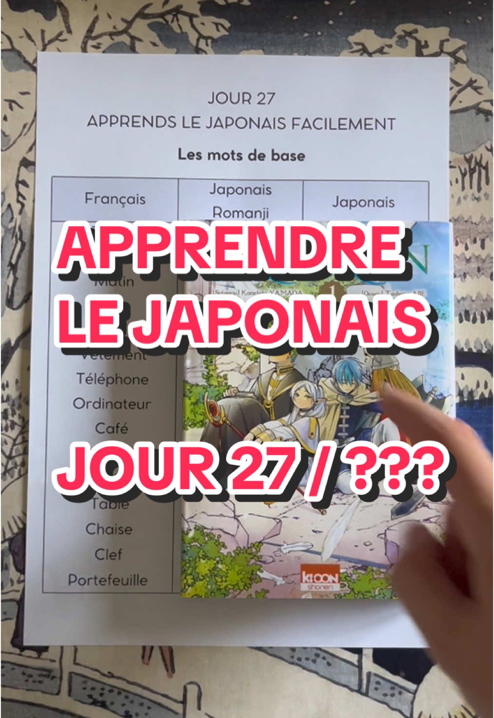 Jour 27 pour apprendre le japonais, apprenons ensemble du vocabulaire japonais en romanji (ecriture a la francaise) et en kana ! #apprendresurtiktok #apprendrelejaponais #japon  