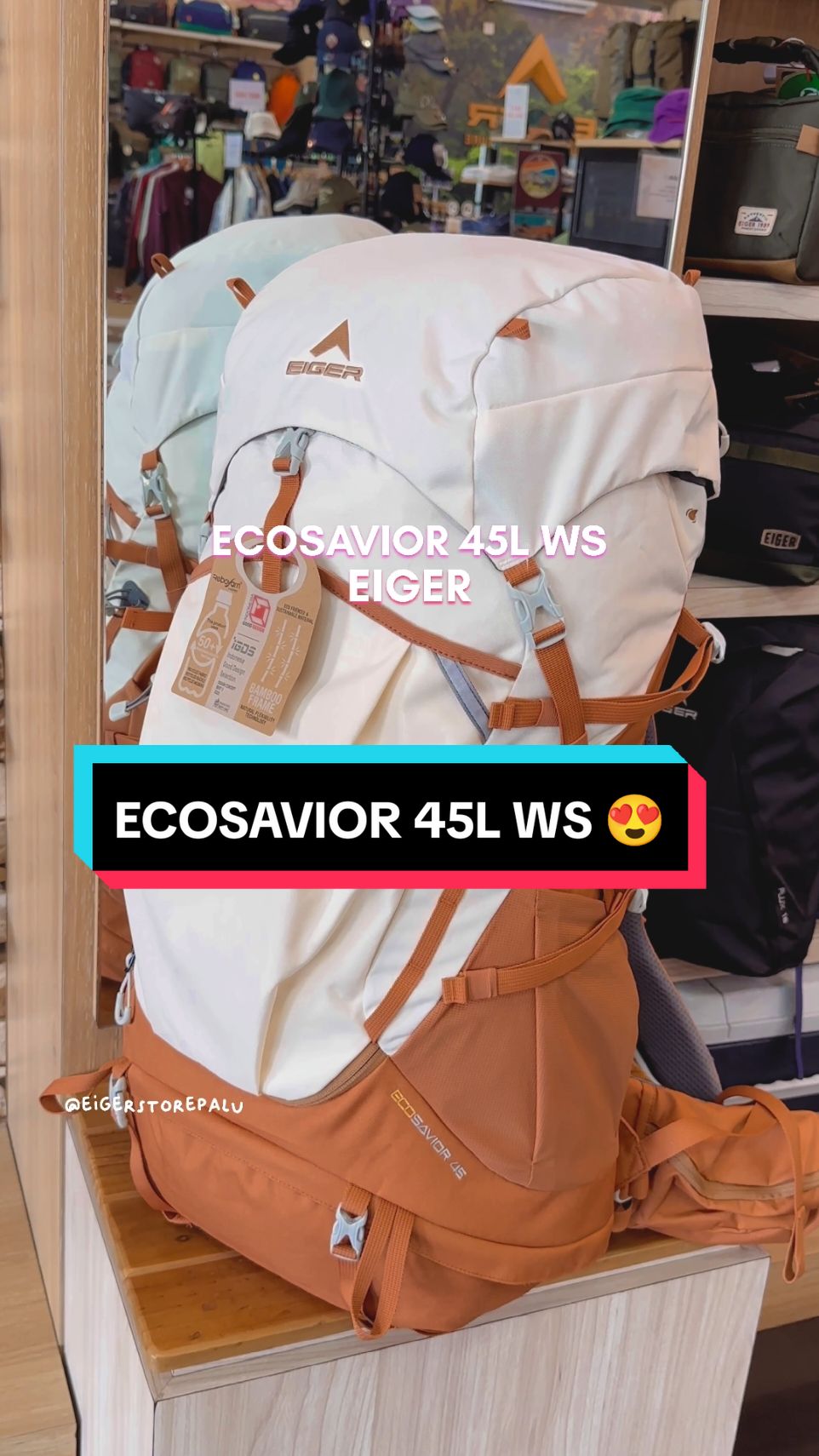 Akhirnya Rostock nihh ECOSAVIOR 45 WS 😍🏕✨ -- Ecosavior 45WS adalah hiking backpackberkapasitas 45 liter yang mengusung konsep produk eco dan sustainability. Diperlukan kurang lebih sebanyak 50 botol plastik PET 500ml yang diolah dan didaur ulang untuk membuat material kain danaksesoris buckle pada tas ini sehingga menjadikannya lebih ramah lingkungan. Tas carrier ini dilengkapi dengan teknologi backsystem Ergocomfort Eco yang menggunakan frame bambu sebagai material alam yang sustainable yang memberikan kenyamanan saat membawa beban. Teknik penggabungan 3 lapis bambu, pembentukan dengan cetakan, pengeringan, dan laminasi, menjamin kekuatan bambu menopang beban, sekaligus berdaya tahan terhadap iklim dan cuaca. Pengaturan praktis pada bagian punggung untuk menyesuaikan ukuran torso memberikan kenyamanan agar pas dipakai sesuai dengan pengguna. Konsep ramah lingkungan yang diusung oleh tas ini telah mengantarkannya memenangkan penghargaan desain dari Indonesia Good Design Selection (IGDS) 2020 dan berhasil masuk dalam Best 3 di kategori Design Concept. Dimension : 30 X 22 X 65 #EigerAdventure  #EigerTropicalAdventure  #eigermountaineering  #carriereiger  #ecosavior45  #eigerecosavior #eigerwomen  #pendakicantik  #pendakigunung  #pendakiindonesia  #eigerian #eigerianpalu  #eigerstorepalu  #likepalu  #palu 