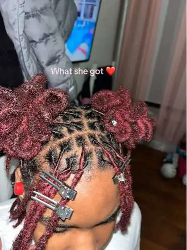 Im just happy she let me try a style 😩 she wont let up off that bang #locs #locstyles #petalbun 