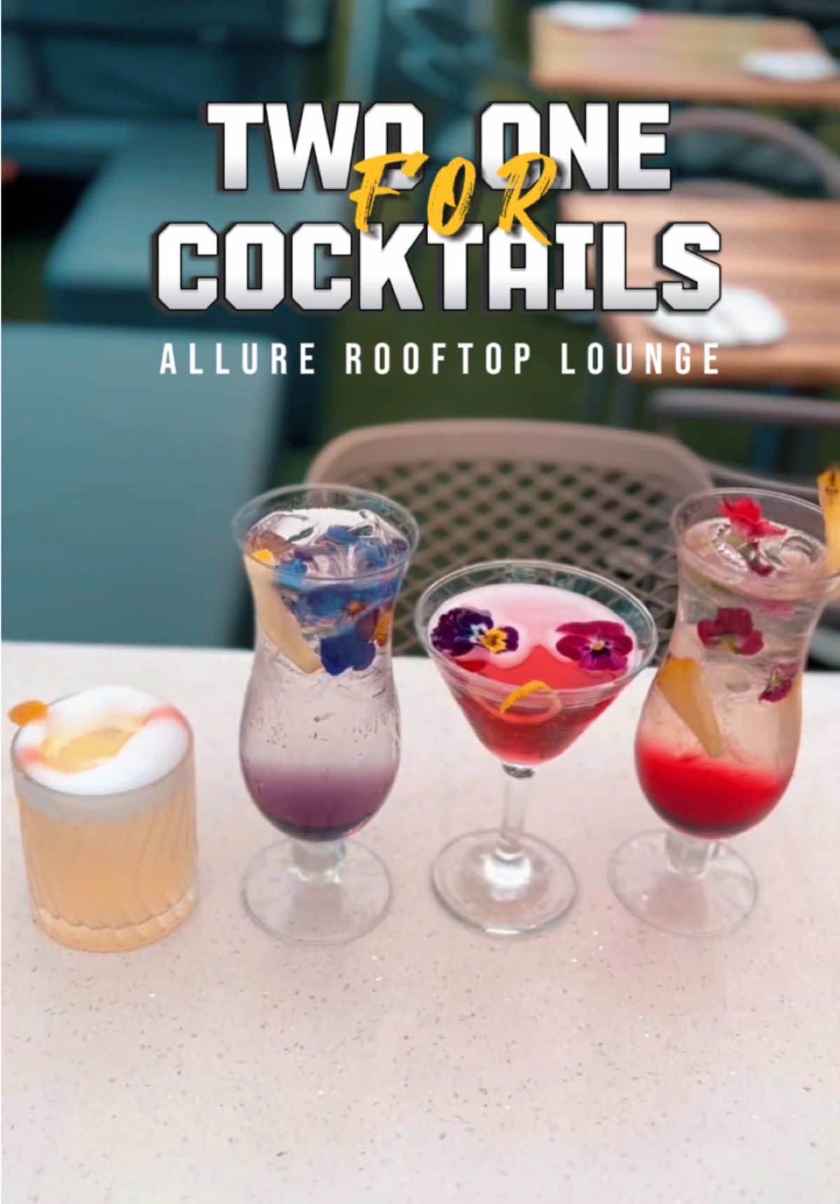 “Double the fun, double the flavor! 🍹 Enjoy 2-for-1 cocktails every day from 4pm to 7pm. See you at happy hour!” . . . . . . . #happyhour #cocktails #2for1 #cocktailbar #rooftoplounge #allurerooftoplounge 