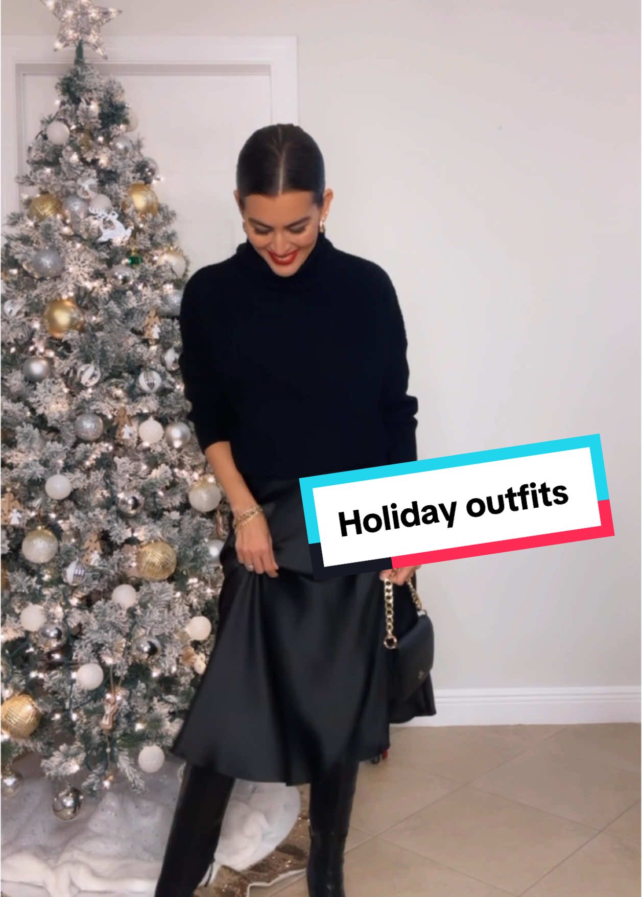 How to tuck in your oversized sweater with a satin skirt, over a dress, or how to crop it over jeans. Outfit details in my L T K❤️. #outfitinspo #partyoutfits #nyeoutfits #christiantikok #buttondown #howtowear #fashiontiktok #fashionhacks 