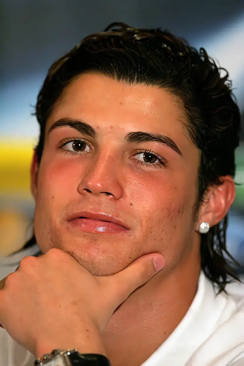 Cristiano Ronaldo looks on during the press conference ahead of the UEFA Champions League match between Benfica and Manchester United on December 6, 2005 in Lisbon, Portugal. #cristianoronaldo #cristiano #ronaldo #manchesterunited #manutd #footballtiktok #ucl #portugal #2005 #xyzcba #fyp 