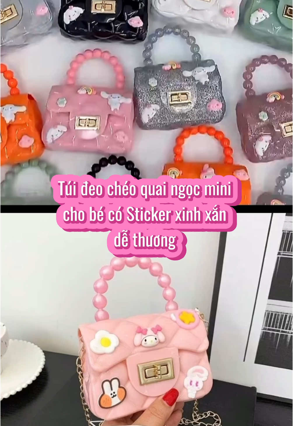Túi đeo chéo quai ngọc mini cho bé gái có Sticker xinh xắn #shopchobeiu #tuichobe #tuideocheomini #tuideocheochobe #tuibegai #tuichobegai #tuimini 