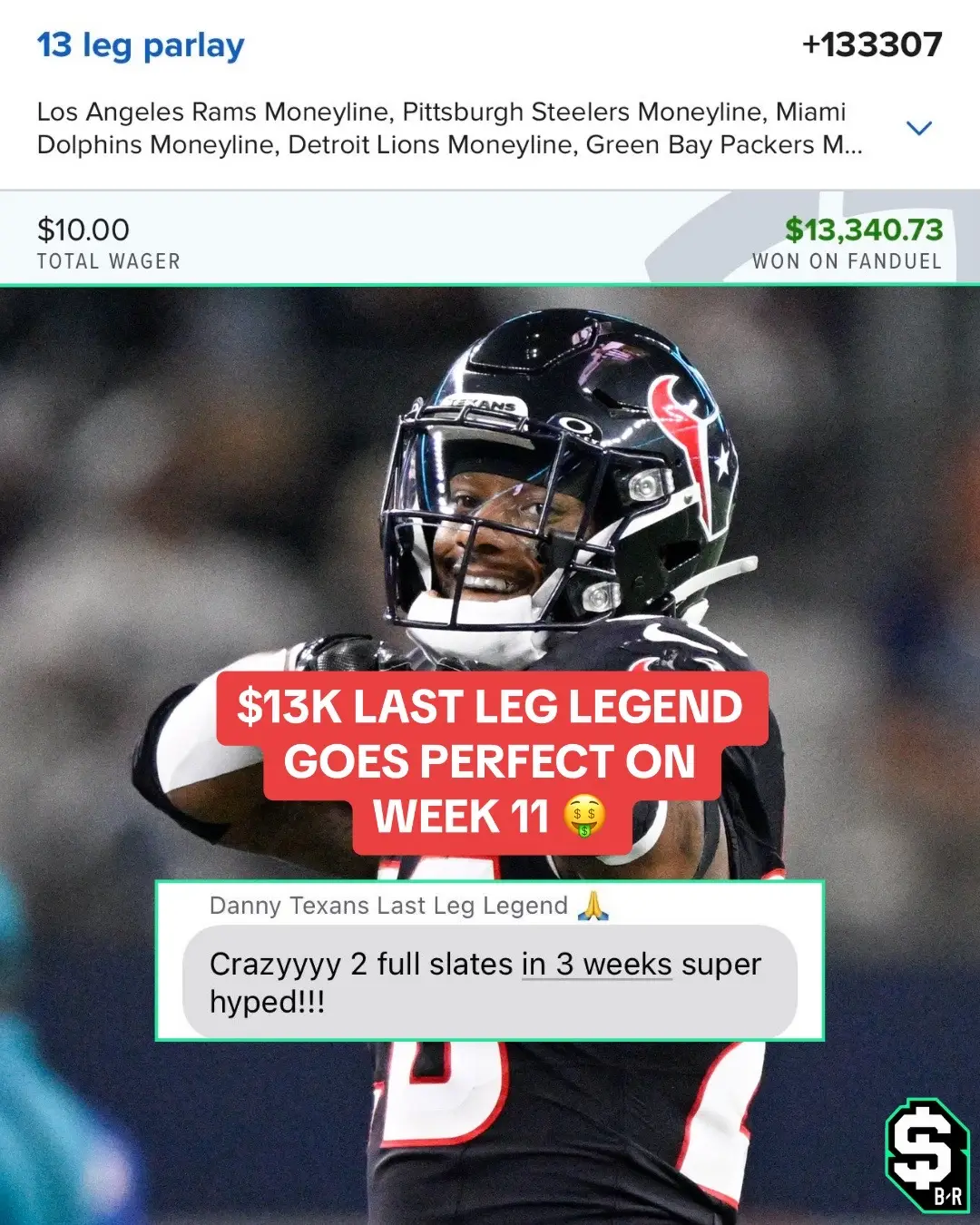 TEXANS ML IS A SWEAT-FREE WIN FOR THE $10 TO $13K LAST LEG LEGEND... Called two full slates in a span of three weeks. Every single bettor's dream 🥹 #texans #cowboys #texansfootball #cowboysfootball #nfl #nflfootball #cjstroud  (IG: doncohen_ @FanDuel Sportsbook)