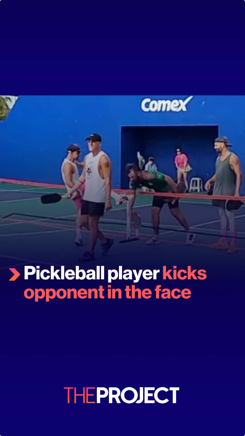 A game of pickleball took a tense turn after one player knocked the paddle out of his opponent’s hand and was met with a kick to the head when he went to pick it up. #pickleball #sport 