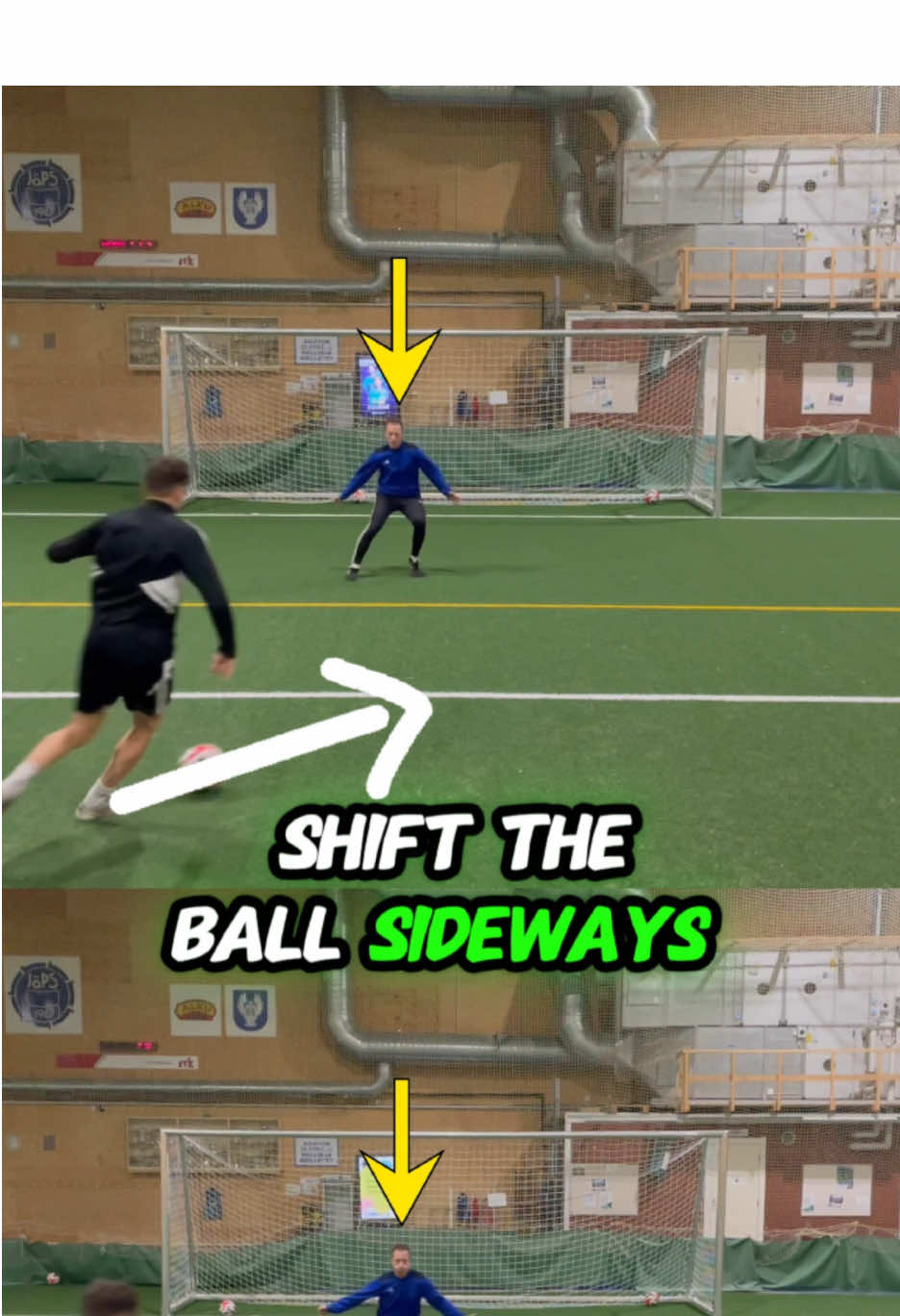 Outsmart the Keeper in 1v1s ⚽️ Shift the ball sideways to make them move.  This opens space to calmly pass the ball into the corner #elitefootballsquad #footballskills #footballdrills #soccerdrills #soccerskills #coaching #onlinecoach 