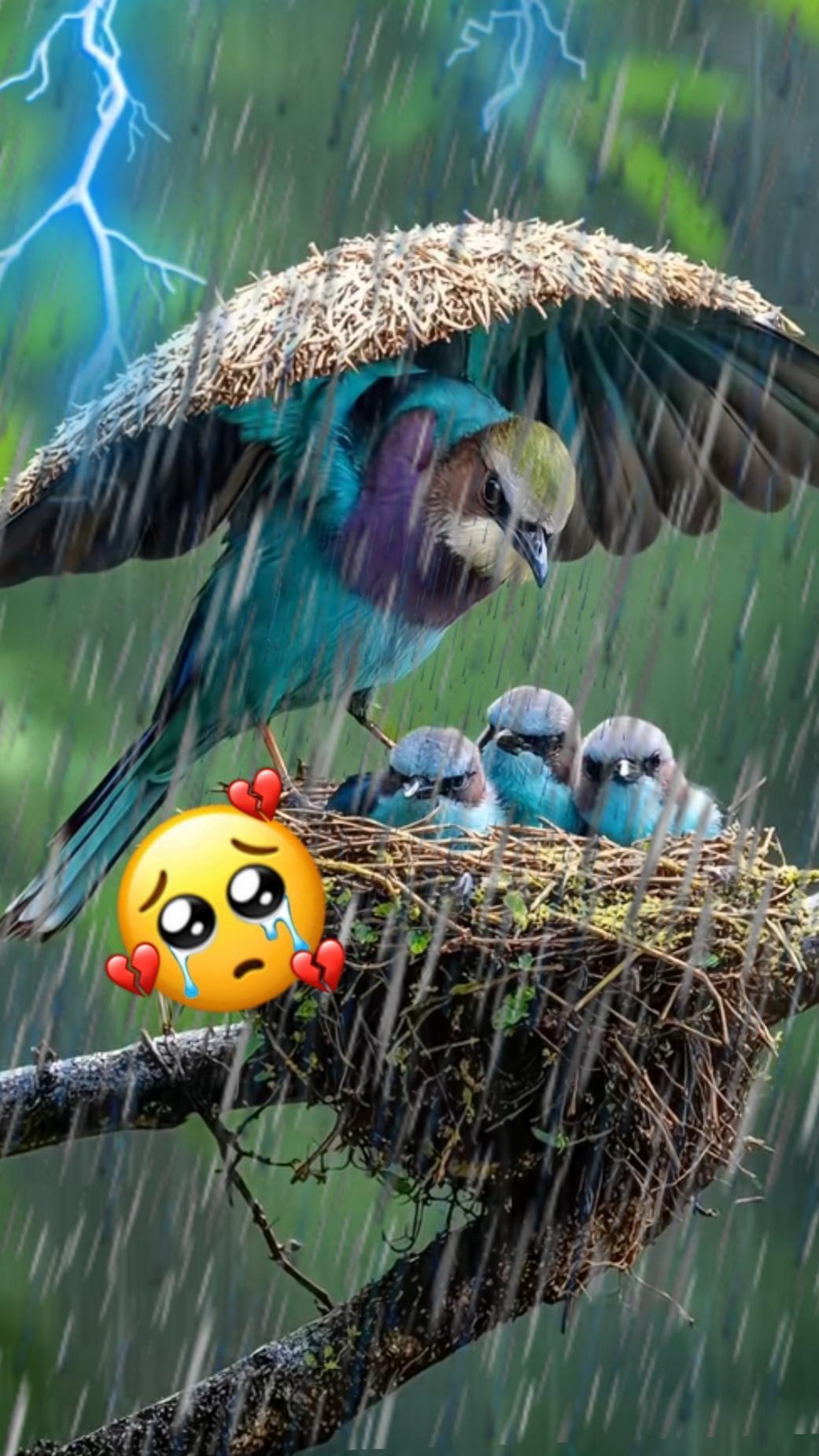 A purple-breasted Buddhist monk's mother holds a straw hut to protect small birds in heavy rain is very moving #Everything_his_spiritual #birds_love_protect_birds_love 