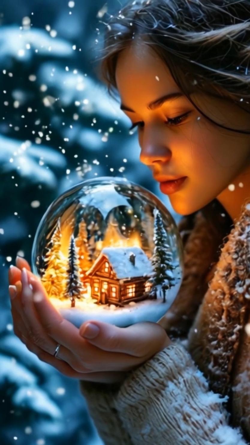 Christmas Tale in Her Palms A young woman cradles a glowing sphere in her hands, where a miniature wooden cabin rests peacefully in the heart of a snowy Christmas forest. Towering pine trees dusted with snow frame the scene, their needles sparkling in the soft light of a golden winter sunset. Snowflakes swirl like tiny stars, illuminated by the warm, inviting glow pouring from the cabin’s windows, creating a sense of cozy enchantment. #AIWallpapers #LiveWallpaper #ChristmasMagic #SnowyHaven #HolidayGlow #CozyScenes 