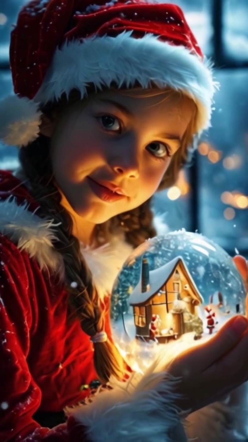 Santa’s Magic Sphere A young girl cradles a glowing globe, within which a magical scene unfolds—Santa’s bustling workshop. Through frosted windows, tiny elves can be seen working tirelessly, their hands busy crafting toys with joy and precision. Soft, white snowflakes drift lazily around the globe, adding to the charm of the Christmas magic that fills the air. The golden glow from the workshop windows spills out, casting a warm light across the wintry landscape. #AIWallpapers #LiveWallpaper #ChristmasMagic #SantaWorkshop #HolidayGlow #ElfCraft 