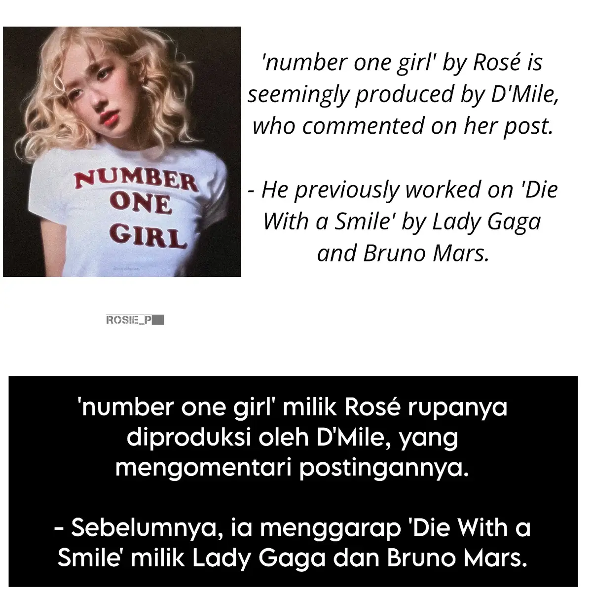 ini sangat Menarik dn patut untuk di nantikan !!  Bagaimana D'mile sukses menggarap 'DIE WITH A SMILE' , dan Harapan yang sma untuk 'NUMBER ONEGIRL' #rosé #ROSÉ #blackpinkrosé #numberonegirl 