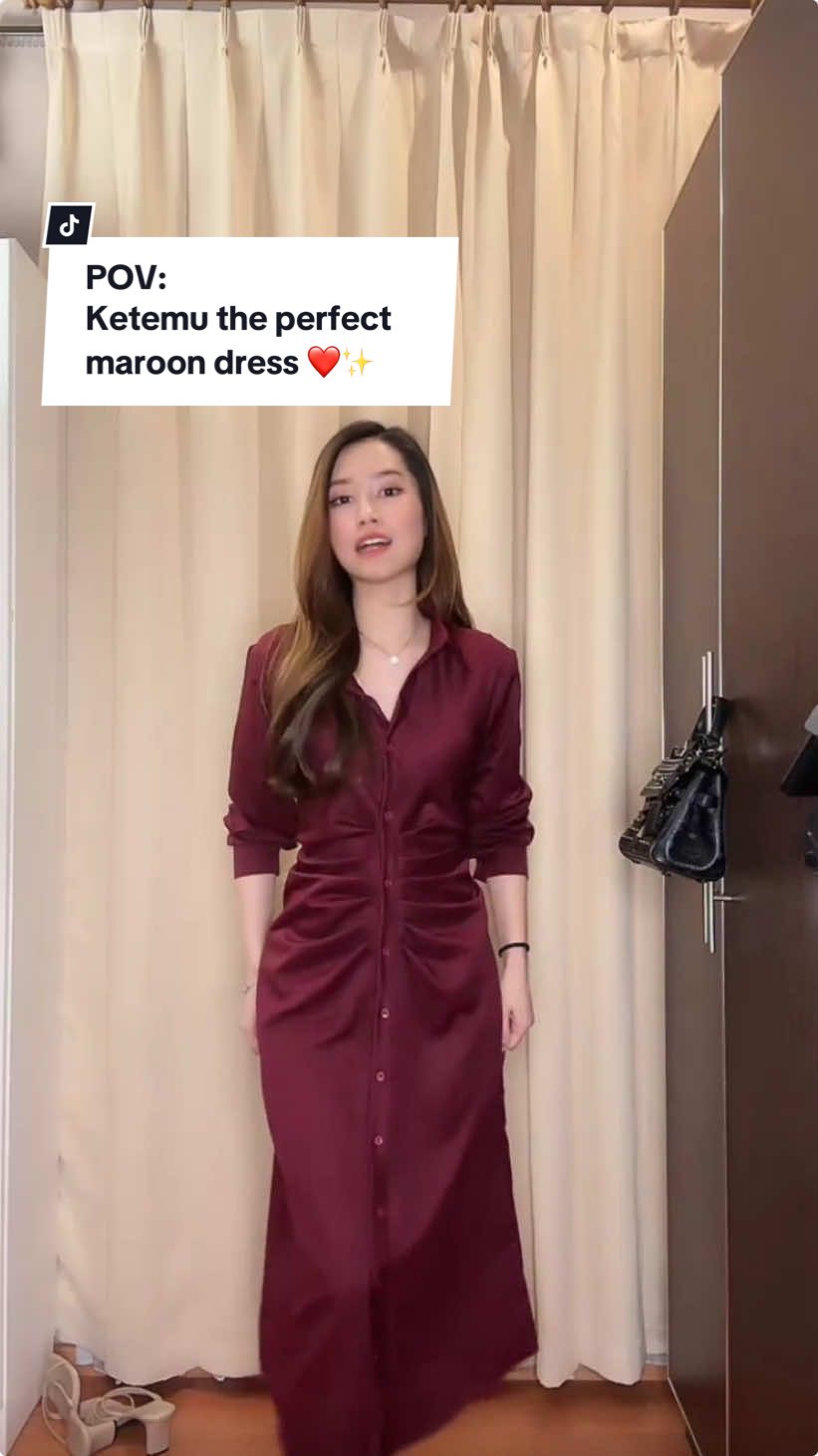 The perfect “Maroon Dress” untuk terlihat mewah dan elegant ❤️✨ #TikTokShop #racuntiktok #fashiontiktok #dresswanita #koreandress #CapCut 