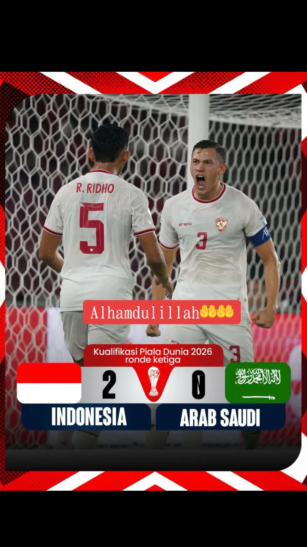 Pak Erickthohir X update  Alhamdulillah!  Indonesia 2-0 Arab Saudi Kemenangan pertama Timnas Indonesia di Ronde ketiga Kualifikasi Piala Dunia 2026! Kerja keras, pantang menyerah dan berhasil memanfaatkan peluang membuat Timnas bisa menang atas Arab Saudi. Bangkit! #kitagaruda #garudamendunia #🇸🇦🇲🇨 