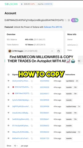 Ever wondered how to find profitable Solana memecoin whale wallets? In this quick 2 minute video I show you exactly how to do that & how you can use an AI bot to copy any of their trades on autopilot. 🐋💰   Here’s a game-changing strategy to track top traders, analyze their moves, and even copy their trades using AI tools like the Trojan Bot. ⚡️   ✨ Key Takeaways: 👉 Learn how to find trending coins early. 👉 Spot green wallets for unrealized profits. 👉 Set up smart, conservative copy-trading strategies.   Your next big trade could be just one wallet away! 💎   Click the link in our bio to get the AI Trojan bot 📈   #solana #memecoins #wifimoney #crypto #cryptotrading 