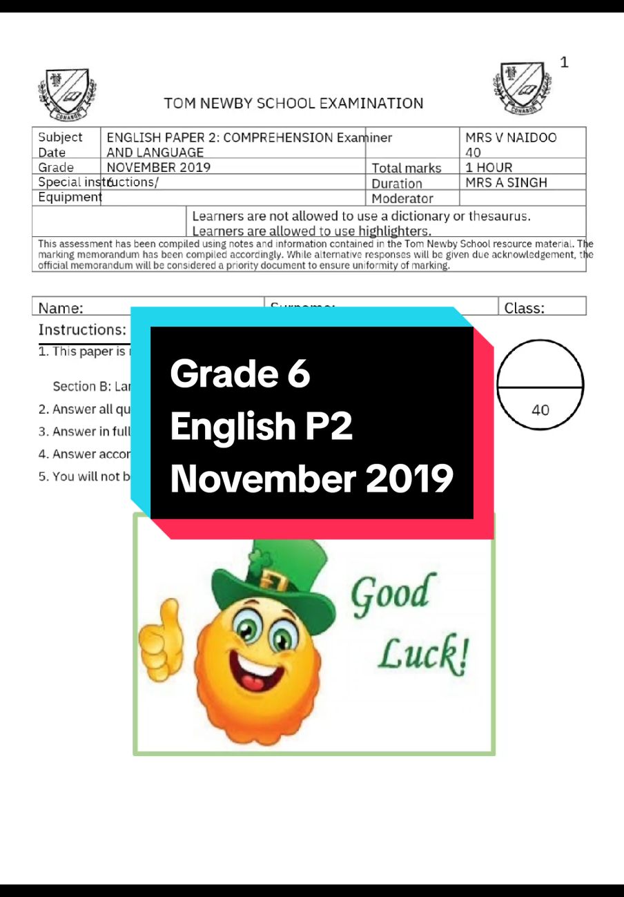 Grade 6 English P2 November 2019 #grade6 #english #fyp #pastyearpapers 