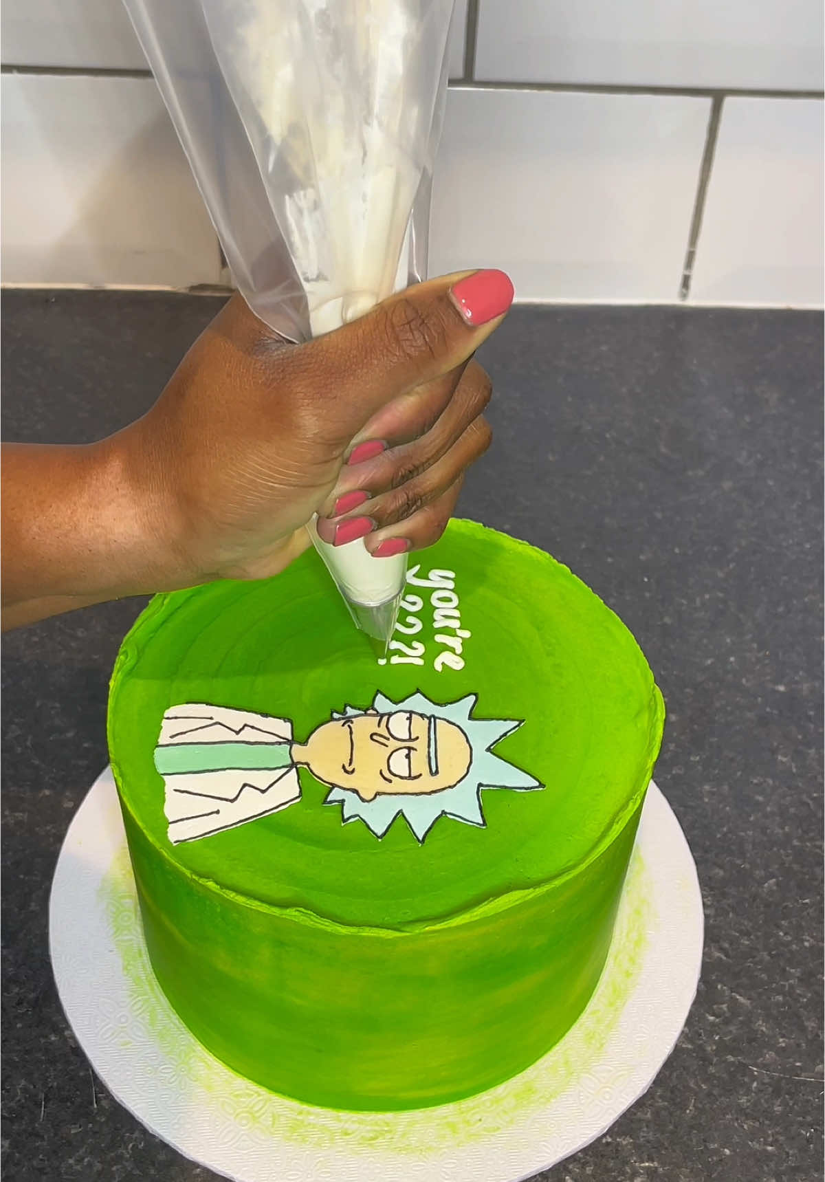 Rick and Morty cake! Well technically just Rick but yk 🙂‍↕️🧪 . . . #kutiwacakes #cake #caketok #caketiktok #rickandmorty #rick #rickandmortycake #buttercreamtransfer #buttercreamtransfermethod #tutorial #satisfying #piping #birthdaycake #manchestercakes #fyp #cakedesign #cakeinspo #cakedecorating 